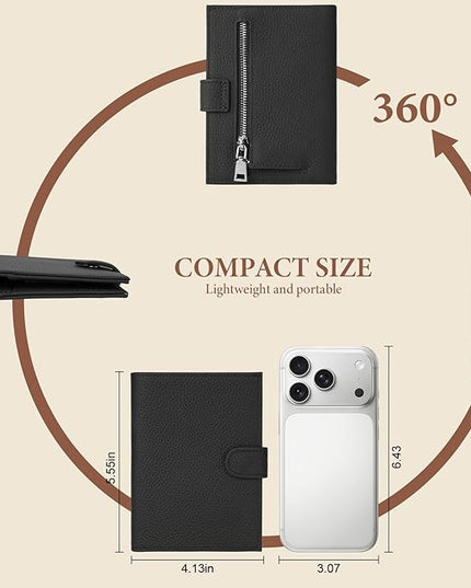 Genuine Leather Passport Holder for Women Men, Hidden Airtag Pocket, RFID Blocking, Zippered Coins Pocket & Cash Compartment Travel Gifts Essentials Passport Cover Case - Black