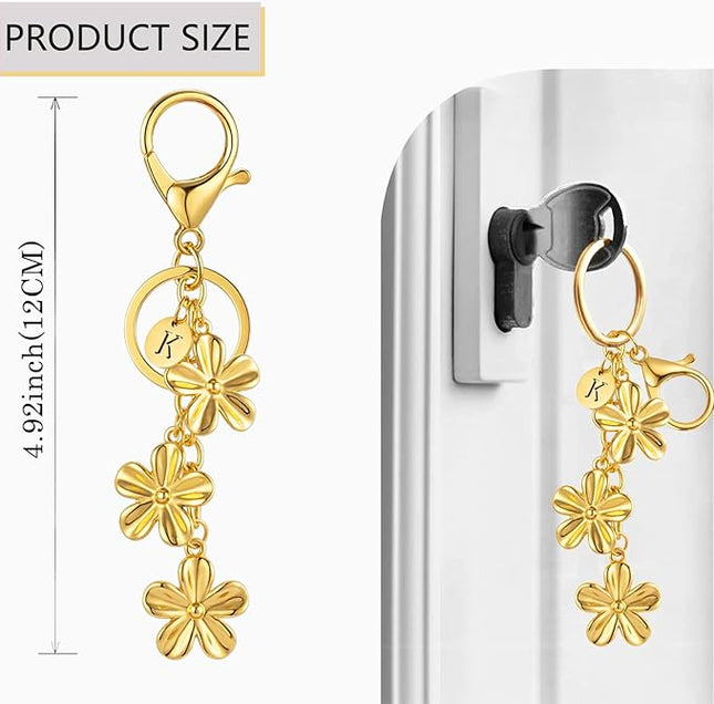 XGALBLA Gold/Silver Initial Keychain Flower Charms for Key Cute Letter Keyring for Purse Handbag Backpack