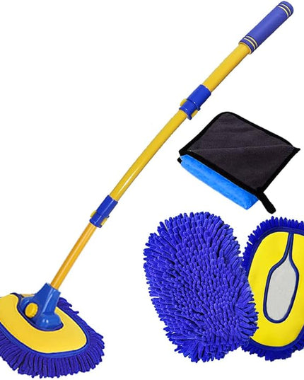 Car Wash Brush with Long Handle, Microfiber Towels Car Wash Kit Cleaning Supplies, Car Wash Mop Mitt with 2 Replacement Head , Extension Pole Car Brush Cleaning Kit for Cars Trucks(Blue)