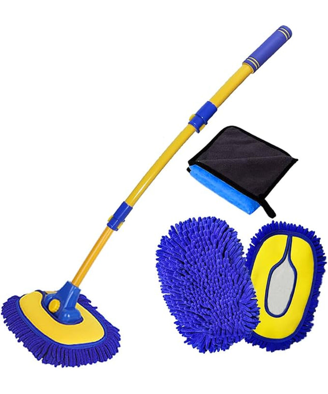 Car Wash Brush with Long Handle, Microfiber Towels Car Wash Kit Cleaning Supplies, Car Wash Mop Mitt with 2 Replacement Head , Extension Pole Car Brush Cleaning Kit for Cars Trucks(Blue)