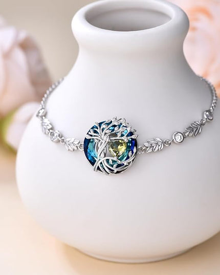 TOUPOP Tree of Life Birthstone Bracelet 925 Sterling Silver Family Tree Austrian Crystal Jewelry Anniversary Birthday Christmas Gifts for Women Wife Girlfriend Her