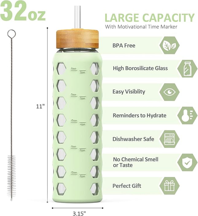 MUKOKO Glass Water Bottles,32oz Glass Tumbler with Straw,Drinking Bottles with 2 Lids-Handle Spout Lid&Bamboo Straw Lid,Motivational Water Bottle with Time Marker and Silicone Sleeve,1 Pack-Mustard