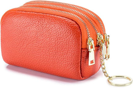 LINNO 3 Zippered Genuine Leather Coin Purse Triple Capacity Change Pouch Little Travel Wallet With Key Ring for Women