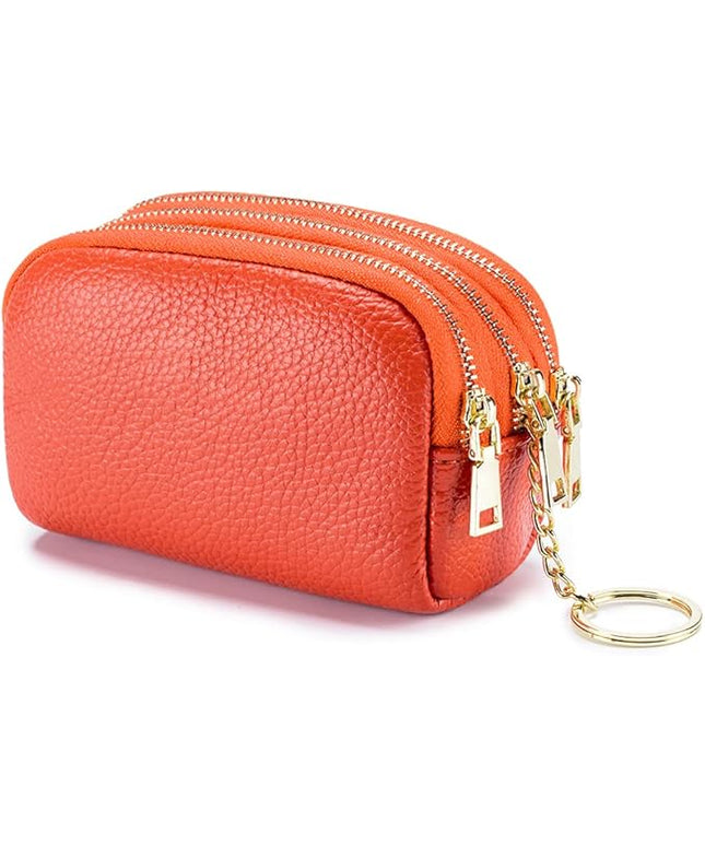 LINNO 3 Zippered Genuine Leather Coin Purse Triple Capacity Change Pouch Little Travel Wallet With Key Ring for Women