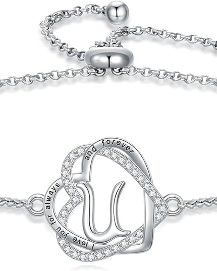 TOUPOP Gifts for Women Heart Initial Bracelet 925 Sterling Silver Double Heart Bracelet Birthday Jewelry Birthday Christmas Gifts for Her Wife Girlfriend
