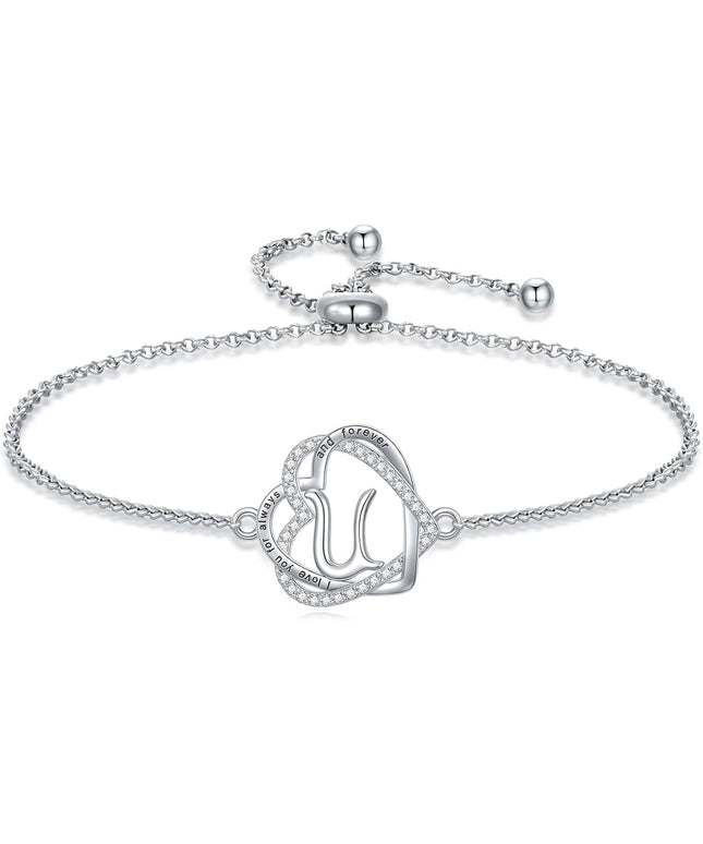 TOUPOP Gifts for Women Heart Initial Bracelet 925 Sterling Silver Double Heart Bracelet Birthday Jewelry Birthday Christmas Gifts for Her Wife Girlfriend