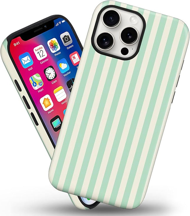 Magnetic for iPhone 13/14 Case Cute Stripes Phone Case, Shockproof Slim TPU and Hard PC Protective Phone Cover Compatible with MagSafe Designed for Women Girls, Light Green