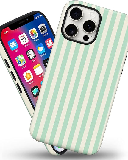 Magnetic for iPhone 13 Pro Case Cute Stripes Phone Case, Shockproof Slim TPU and Hard PC Protective Phone Cover Compatible with MagSafe Designed for Women Girls, Light Green