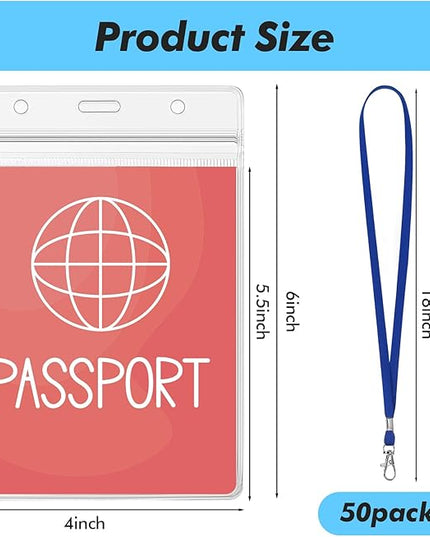 Patelai 50 Pcs 4 x 5.5 Inch Clear Passport Holders with Lanyard Extra Large PVC Card Holder Waterproof Name Badge Holder for Cruise Vacation Credit Card Plane Ticket Receipt (Blue)