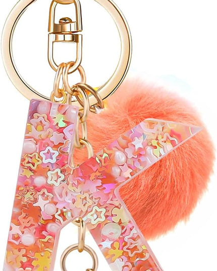 Resin Alphabet Initial Letter Keychain Keyring for Women Purse Handbags With Fur Ball Pom