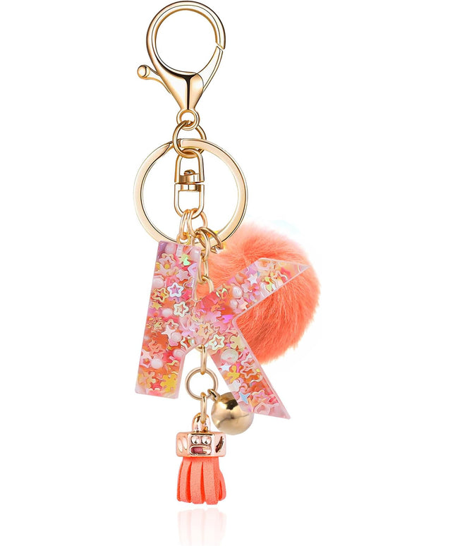 Resin Alphabet Initial Letter Keychain Keyring for Women Purse Handbags With Fur Ball Pom