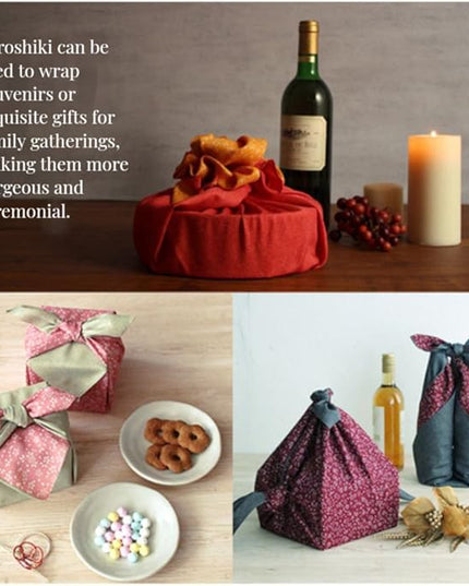 Furoshiki Japanese Wrapping Cloth Eco Gift Wrap Paper Reversible Cherry blossoms Eco-bag Christmas birthday Bento Lunch Box Wine Bottle Box Kimono Cover (Red and Yellow, 27.6 x 27.6 inches)