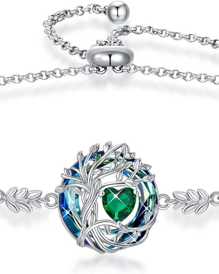 TOUPOP Tree of Life Birthstone Bracelet 925 Sterling Silver Family Tree Austrian Crystal Jewelry Anniversary Birthday Christmas Gifts for Women Wife Girlfriend Her