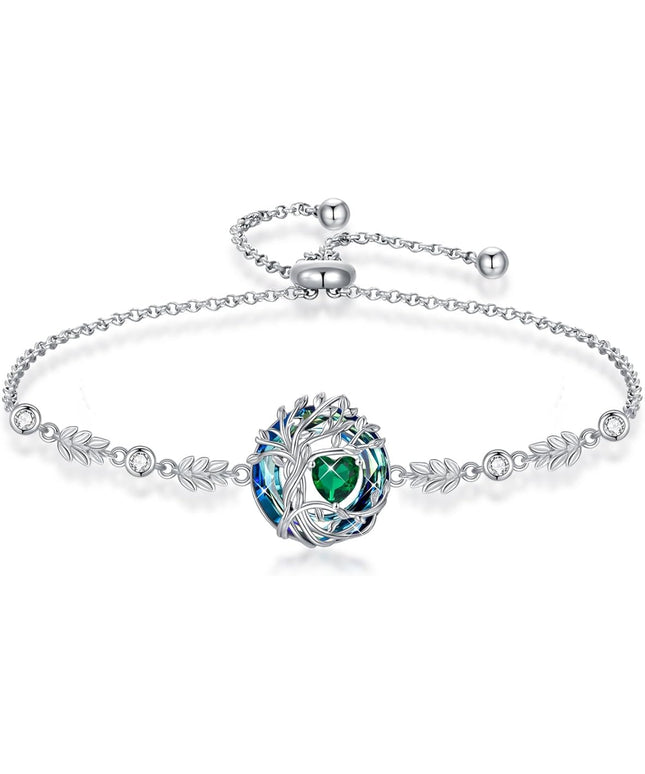 TOUPOP Tree of Life Birthstone Bracelet 925 Sterling Silver Family Tree Austrian Crystal Jewelry Anniversary Birthday Christmas Gifts for Women Wife Girlfriend Her