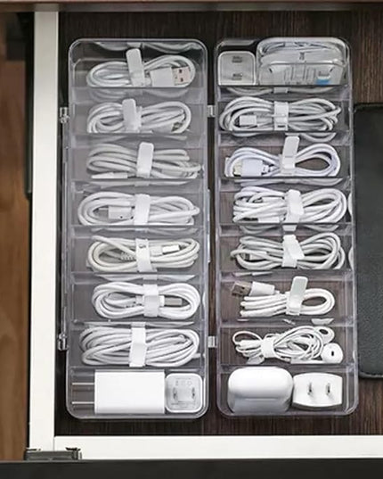Clear Cable Management Box with Lid, 26x9x5.5cm, Desktop Cord Organizer with Compartments (1, 10.2 x 3.5 x 2.2)
