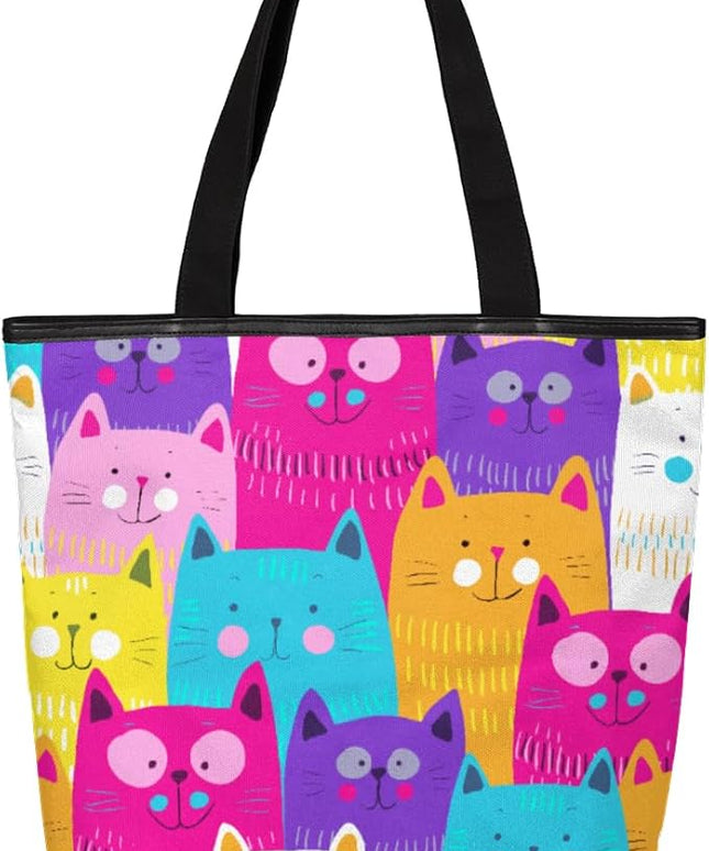 Pardick Cute Cats Colorful Seamless Canvas Tote Bag, Eco Friendly Reusable Grocery Shopping Bags Beach Bag Book Tote Handbags Washable Shoulder Bag With Zipper Inner Pocket for Women Girls