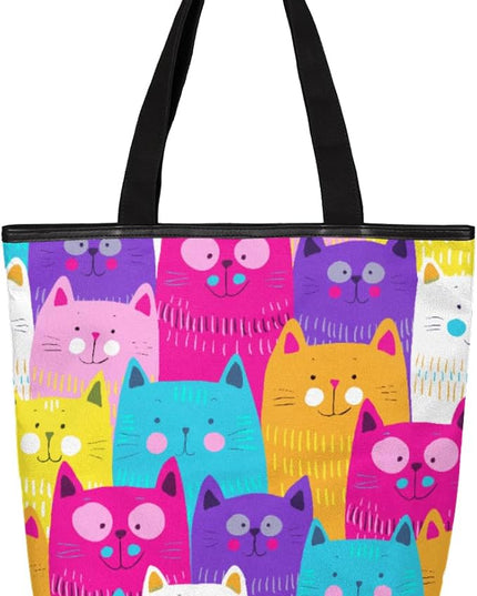 Pardick Cute Cats Colorful Seamless Canvas Tote Bag, Eco Friendly Reusable Grocery Shopping Bags Beach Bag Book Tote Handbags Washable Shoulder Bag With Zipper Inner Pocket for Women Girls