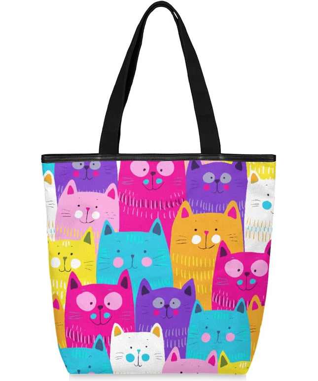 Pardick Cute Cats Colorful Seamless Canvas Tote Bag, Eco Friendly Reusable Grocery Shopping Bags Beach Bag Book Tote Handbags Washable Shoulder Bag With Zipper Inner Pocket for Women Girls