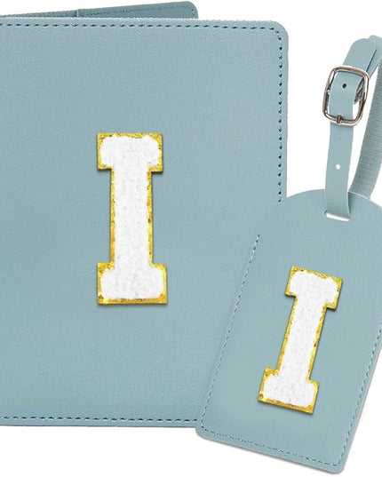 ULICO Initial Passport Cover and Luggage Tag Set,PU Leather Letter Passport Case Holder Travel Suitcase Tag, Personalized Travel Luggage Accessories Gifts for Women Kids Teenage Blue I