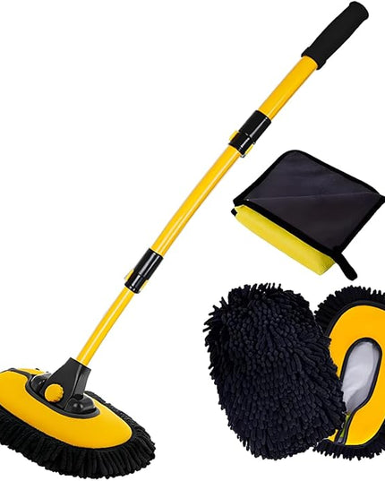 Car Wash Brush with Long Handle, Microfiber Towels Car Wash Kit Cleaning Supplies, Car Wash Mop Mitt with 2 Replacement Head , Extension Pole Car Brush Cleaning Kit for Cars Trucks
