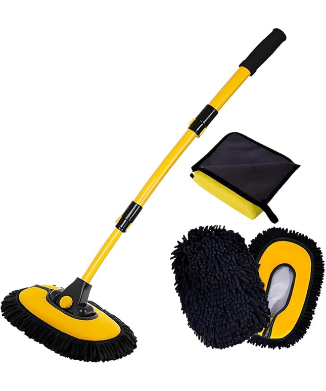 Car Wash Brush with Long Handle, Microfiber Towels Car Wash Kit Cleaning Supplies, Car Wash Mop Mitt with 2 Replacement Head , Extension Pole Car Brush Cleaning Kit for Cars Trucks
