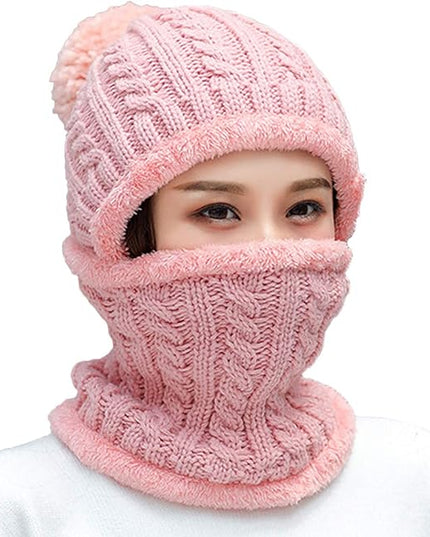 HUAMULAN Women Winter Beanie Hats One Piece Fleece Lined Knit Balaclavas Mask Set Skull Neck Circle Scarf Ski Snow Hat Pompom