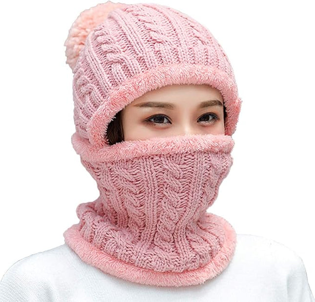 HUAMULAN Women Winter Beanie Hats One Piece Fleece Lined Knit Balaclavas Mask Set Skull Neck Circle Scarf Ski Snow Hat Pompom