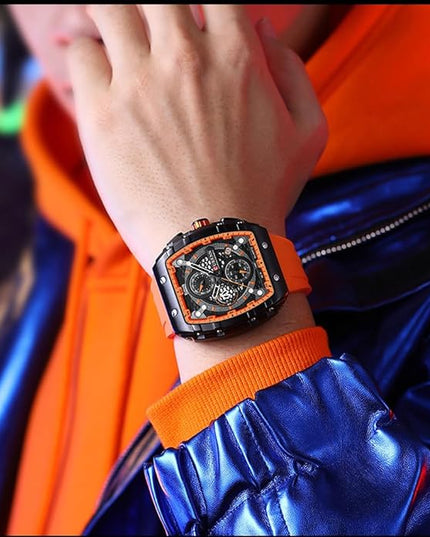 PASOY Luxury Chronograph Watches for Mens Rubber Strap Black Waterproof Date Analog Quartz Watch
