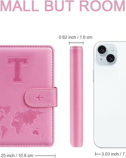 Passport Holder Cover Initail Letter A-Z Travel Wallet Embossed Design RFID Blocking Card Holder Personalized Gift Passport Cover Wallet, Passport Book Holders for Women and Girls, Pink-T
