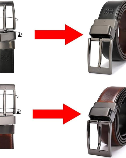 beltox fine Men's Dress Belt Leather Reversible 1.25" Wide Rotated Buckle Gift Box