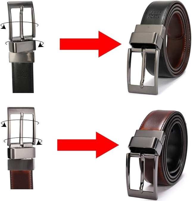 beltox fine Men's Dress Belt Leather Reversible 1.25" Wide Rotated Buckle Gift Box