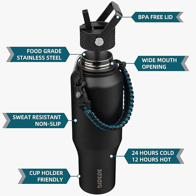 BJPKPK Insulated Water Bottles with Straw Lid, 35oz Metal Water Bottle with 2 lids & Paracord Strap, Double Wall Stainless Steel Vacuum Tumblers, Cups, Mugs, Thermo for Hot& Cold Drinks, Black