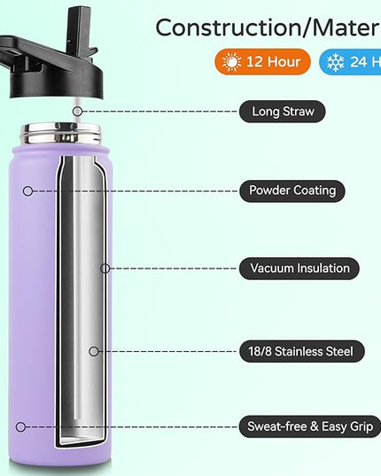 DOMICARE Insulated Water Bottle, 22 oz Vacuum Insulated Stainless Steel Reusable Sports Bottle with Straw Lid & Spout Lid for Travel, Camping, Bike, Leakproof, Purple, 4 Pack
