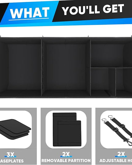 Simniam Large Car Trunk Organizer - with 5 Compartments Trunk Organizers and Storage SUV, Reinforced Handle, Securing Straps, Trunk Organizer Available for Car, SUV, Truck, Minivan