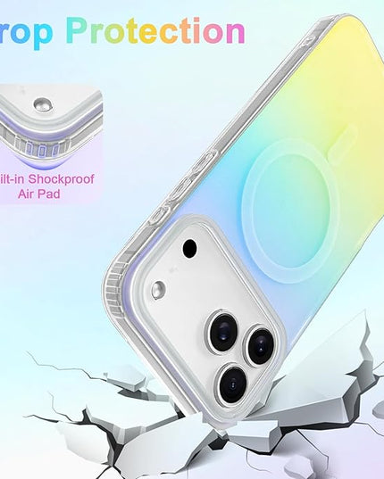 Cute Case for iPhone 17 Pro Max Case for Women Girls [Compatible with Magsafe] Aesthetic Girly Glitter Bling Rainbow Magnetic Protective Phone Cover, Translucent Iridescent Blue & Pink