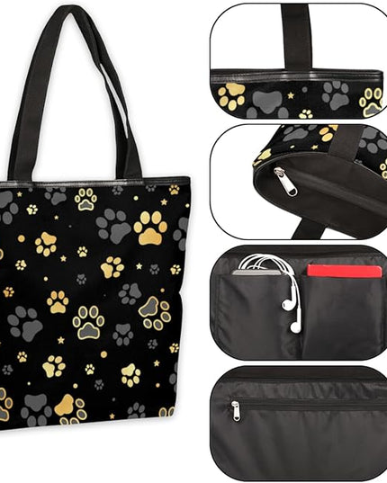 Pardick Black Paw Printed Canvas Tote Bag, Eco Friendly Cute Reusable Grocery Shopping Bags Beach Bag Book Tote Handbags Washable Shoulder Bags With Zipper Inner Pocket for Women Girls
