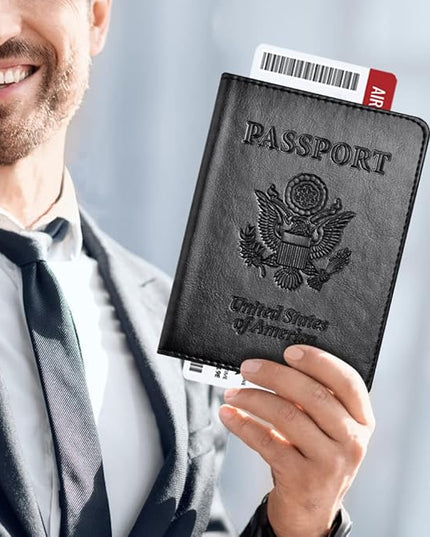 Eoehro Passport and Vaccine Card Holder Combo, Faux Leather, Compact, Lightweight, Waterproof, AA-Black