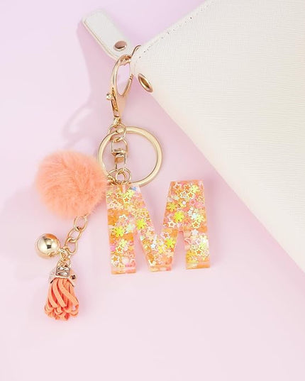 Resin Alphabet Initial Letter Keychain Keyring for Women Purse Handbags With Fur Ball Pom
