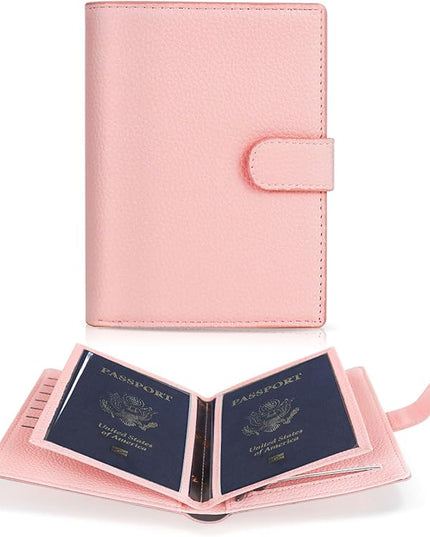 FuninCrea Family Passport Holder for 4 with 22 Card Slots, Faux Leather Passport Holder for Travel Multifunctional Portable Travel Wallet Womens (Pink)