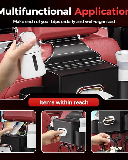 3-in-1 Car Backseat Organizer with Cup Holder, Tissue Box, Trash Bin & Hooks,Multifunctional Back Seat Car Organizer for Hold Phones, Snacks, Drinks, and Handbags (A-Black)