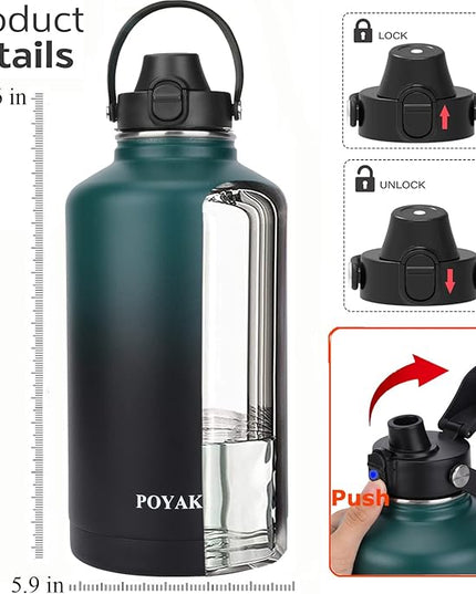 Water Bottle Insulated 32oz 40oz 64oz 128oz Straw Lid Spout Lid & 3 Lids, Leak Proof, Vacuum Insulated,Stainless Steel Water Bottle Wide Mouth for Sports, Gym or Office