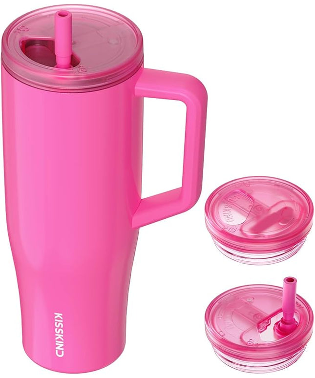 KISSKIND 40 oz Lumispin Tumbler with Handle and Hidden Straw, 100% Leak Proof Water Cup with Handle, Insulated Water Bottle for Travel, Mom, Nurse, Teacher, Student, Neon Pink