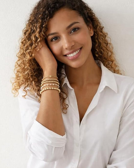 Gold Beaded Bracelets for Women, 14K Real Gold Plated Jewelry for Women Dainty Pearl Bead Bracelets Stack, Non Tarnish Trendy Stackable Ball Cross Stretch Bracelet Set Fashion Accessories Gifts