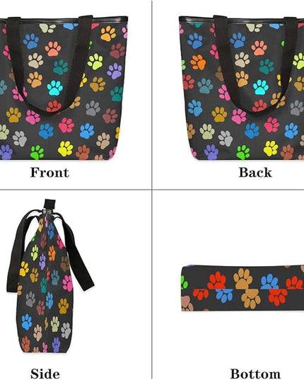 Pardick Colorful Animal Paw Prints Canvas Tote Bag, Eco Friendly Cute Reusable Grocery Shopping Bag With Zipper Inner Pocket for Women & Girls