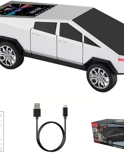 Futuristic Shapes Truck Bluetooth Speaker with LED Display Screen – TWS Stereo, FM Radio, USB/TF Playback, LED Headlights, Built-in Mic, Gift for Car Lovers, Model Collectors & Tech Fans (Silver)