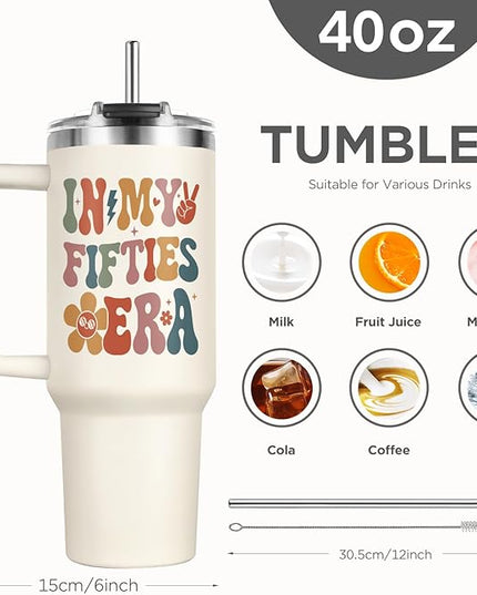 Shqiueos 50th Birthday Gifts for Her 40oz Tumbler with Handle and Straw Lid, 50 Year Old Gifts for Women, Mom, Wife, Sister, Friend, 50s Birthday Decoration-In My Fifties Era Cup Water Bottle