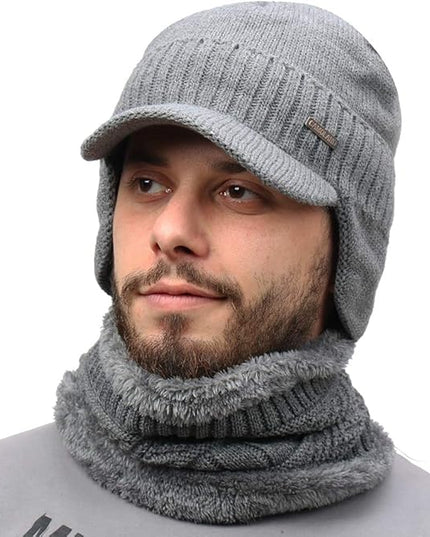 Winter Beanie w/Visor & Earflaps for Men Outdoor Fleece Hat Scarf Set