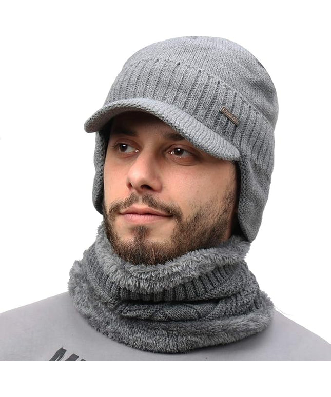 Winter Beanie w/Visor & Earflaps for Men Outdoor Fleece Hat Scarf Set