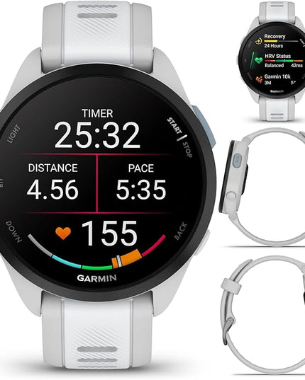 Wearable4U - Garmin Forerunner 165 Running Smartwatch, Colorful AMOLED Touchscreen, Training Metrics and Recovery Insights Includes PowerPack and Adapters Bundle, Mist Gray/Whitestone