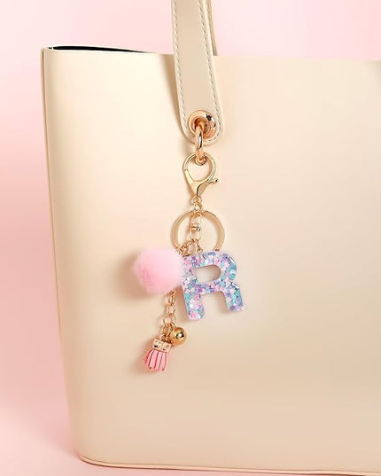 Resin Alphabet Initial Letter Keychain Keyring for Women Purse Handbags With Fur Ball Pom